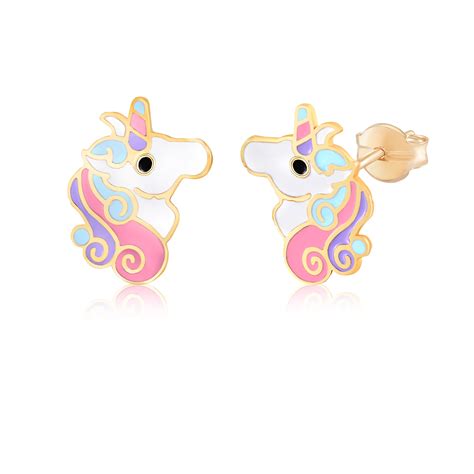 14K Yellow Gold Stud Unicorn Earrings for Girls Kids Colorful Enamel ...