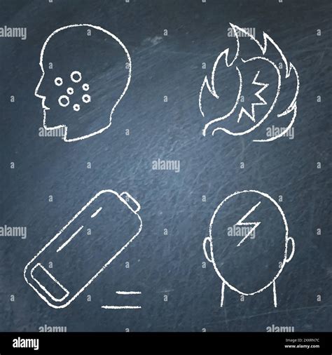 Unhealthy gut chalkboard icon set. Stomach heartburn, allergy, headache and fatigue. Vector ...