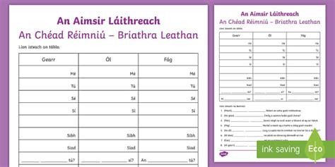 Junior Cycle Aimsir Láithreach Verbs Worksheet | Twinkl