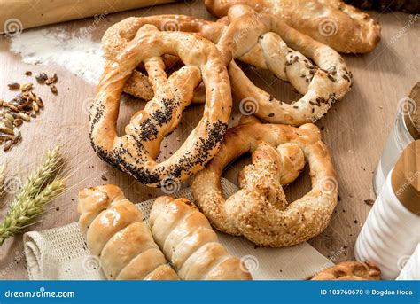 Fresh Whole Wheat Snack Pretzels with Sesame and Salt at Local Bakery ...