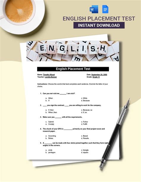 Free English Assessment Placement Test Printable