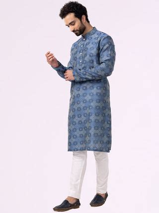 French Blue Printed Cotton Silk Blend Kurta for Men – The Kurta Company
