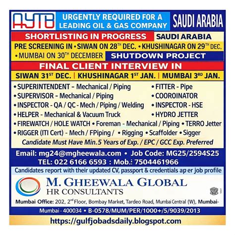 Overseas Job Openings in Gulf Countries – Engineering, MEP & Technical ...