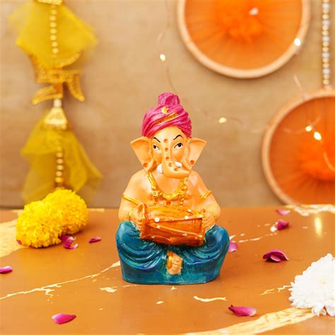 Pink Pagdi Ganesha Playing Dholak Resin Idol 5 inch – ServDharm