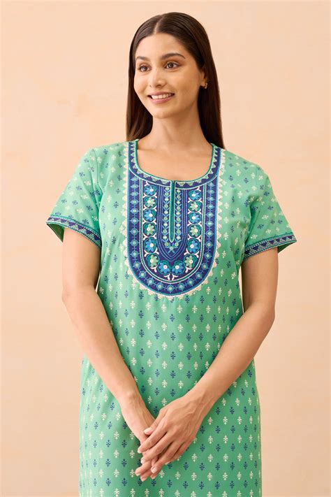 Buy Ditsy Floral Printed & Embroidered Nighty - Green Online | Maybell ...