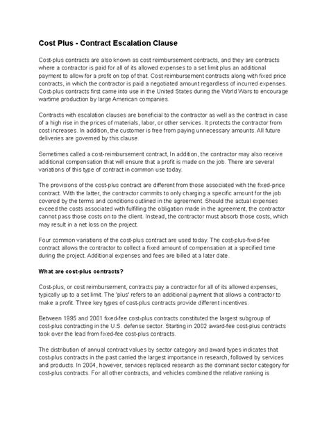 Cost Plus - Contract Escalation Clause - Cost Plus - Contract ...