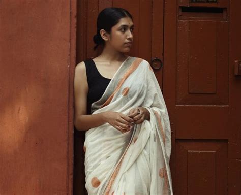 White Orange Hand Block Printed Cotton Saree