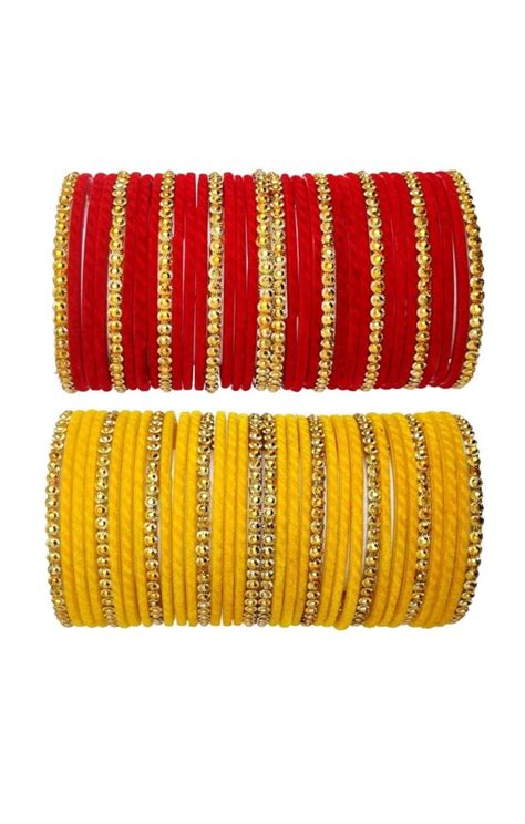 Buy Red and yellow plain velvet glass bangles set of 2 for women and ...
