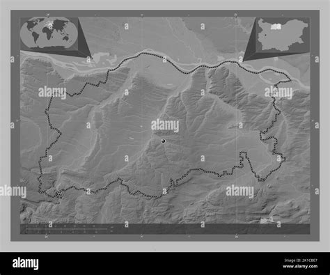 Pleven, province of Bulgaria. Grayscale elevation map with lakes and rivers. Corner auxiliary ...