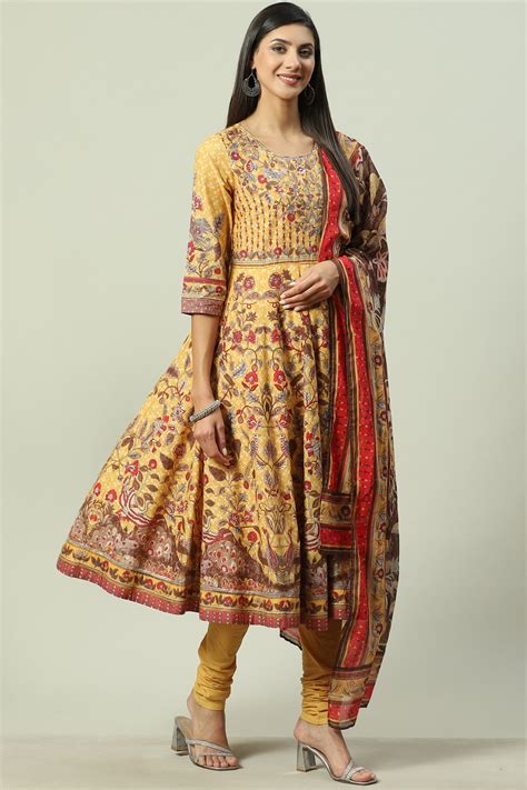 Yellow Cotton Anarkali Kurta Churidar Suit Set at Biba India