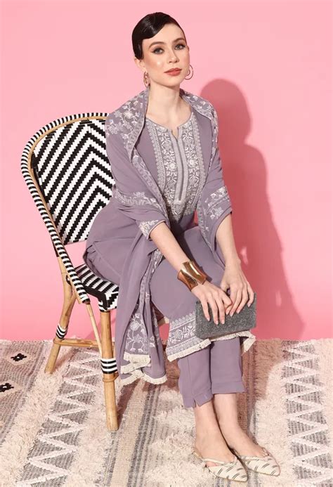 Kvs Fab Purple Georgette Schiffly Sequence Chikankari Kurta With Pant ...