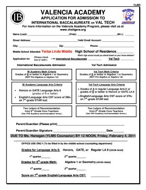 Fillable Online vhstigers YLMS VALENCIA ACADEMY APPLICATION FOR ...