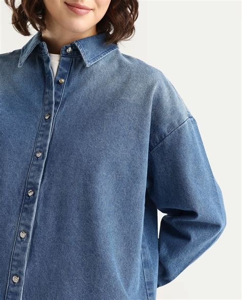 Rareism Women's Denjon Blue Full Sleeve Relaxed Fit Plain Shirt