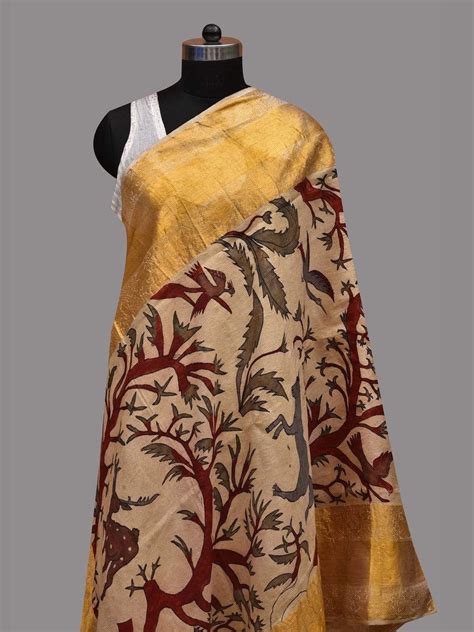 Cream Kalamkari Hand Painted Kanchipuram Silk Handloom Dupatta with Tr ...