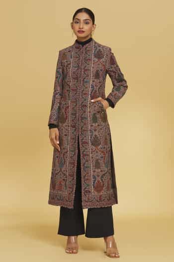 Buy Beige Polyester Yarn Jamawar Woven Floral Stand Collar Long ...