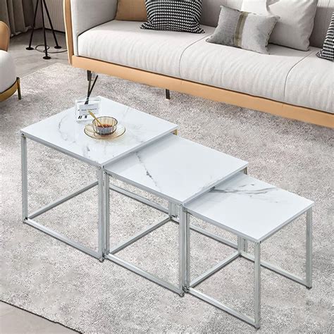 nozama Marble Nest of Tables Set of 3,Gloss White Nesting Tables,Sofa End Side Coffee Table for ...