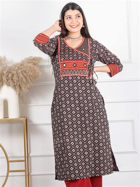 Ghoomer Faded Black Angrakha Style Neck Work Print Cotton Kurti-D2 ...