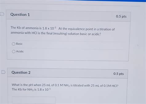 Solved The Kb of ammonia is 1.8×10−5 At the equivalence | Chegg.com