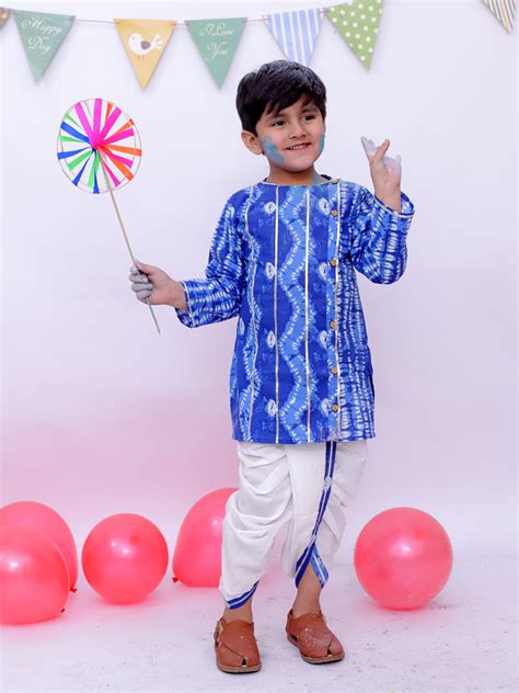 BownBee Ethnic Pure Cotton Tie & Dye Dhoti Kurta Set For Boys - Blue