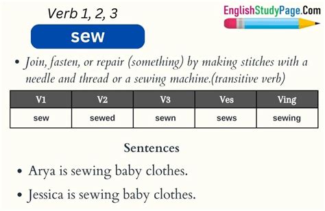 Sew Verb 1 2 3, Past and Past Participle Form Tense of Sew V1 V2 V3 ...