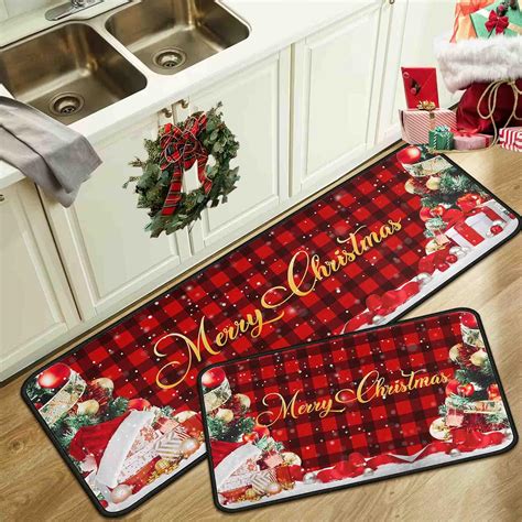 Amazon.com: Noulmea Buffalo Plaid Snow Red Christmas Kitchen Rugs and ...