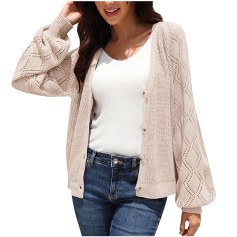 Cavosen Women's Knit Sweaters V Neck Short Length Puff Sleeves Cardigan ...