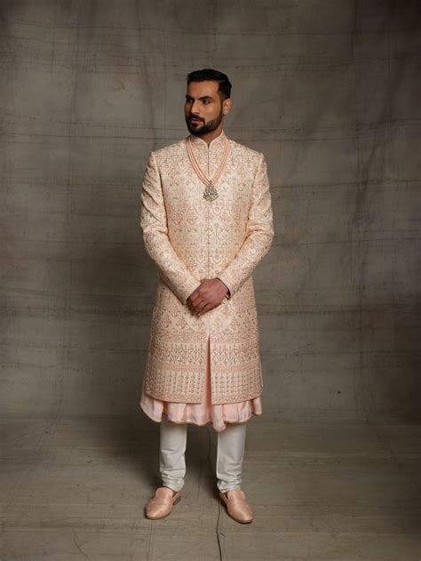 Peach sherwani with metallic rose gold resham embroidery. – Rechannel ...
