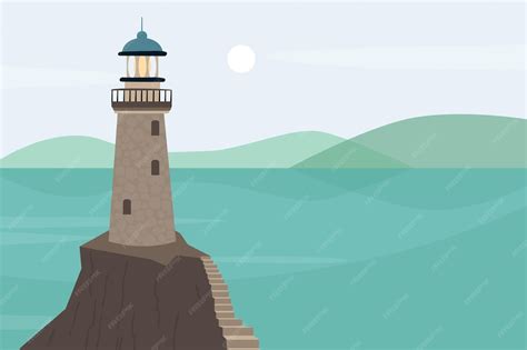 Paysage de vecteur avec phare sur le rocher et la mer bleue dans un ...