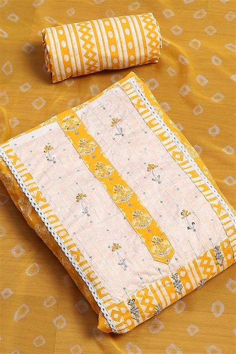 Buy Yellow Cotton Hand Block Embroidered Unstitched Suit Set Online at ...