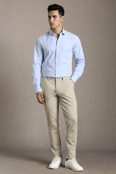 Louis Philippe Ath Work Casual Trousers, Men Beige Slim Fit Textured ...