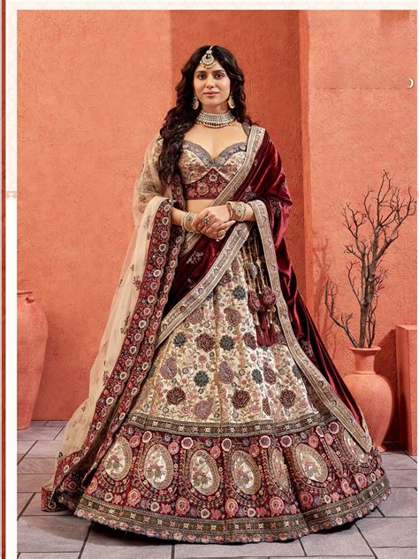 Chickoo Velvet Hand Embroidered Heavy Bridal Lehenga with Double Dupat ...