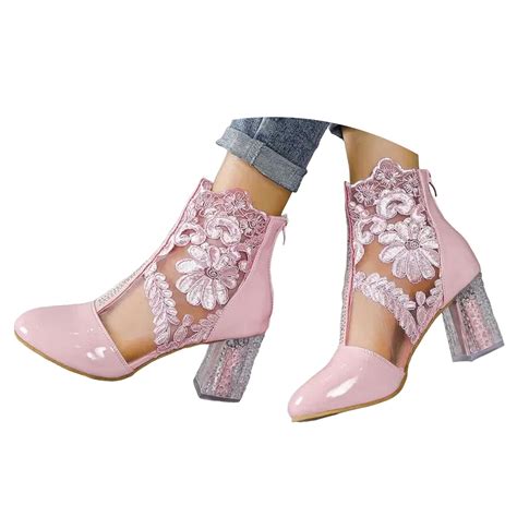Mepaouo Ankle Booties for Women Back Zipper Clear Floral Lace Dress ...