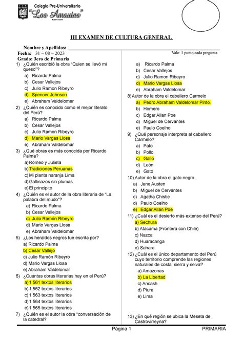 Examen DE Cultura General III ( 3ero de Primaria ) respuestas - III ...