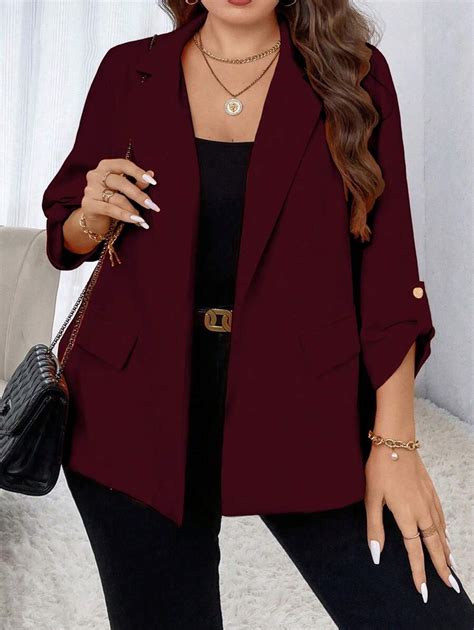 Celure Plus Size Solid Color Rolled Sleeve Blazer Graduation,Back To ...