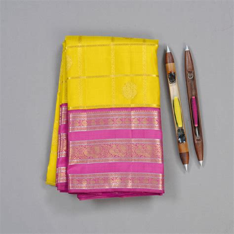 Hayagrivas Lemon Yellow Handloom Kanjivaram Silk Saree with Pink Borde ...