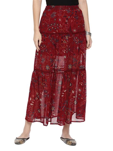 Chumbak Women's Floral Swing Tier A-Line Maxi Side Slit-Skirt ...