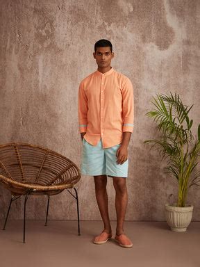 Cuff detail mandarin collar shirt-Peach