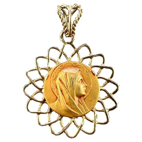 French Virgin Mary 18K Yellow Gold Religious Medal Pendant For Sale at ...