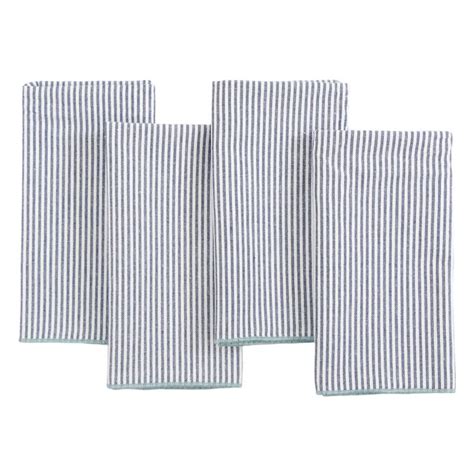 Set of 4 White & Navy Striped Napkins with Light Blue Overlock Edge, 18"