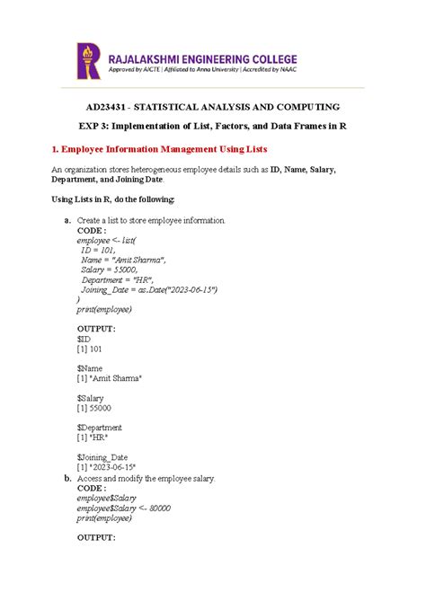 AD23431 STATISTICAL ANALYSIS EXP 3: R Lists & Factors Implementation ...