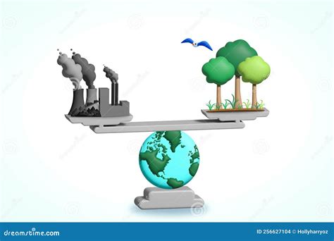 The World Balancing Industry and Nature on a Scale, 3D Illustration Stock Illustration ...