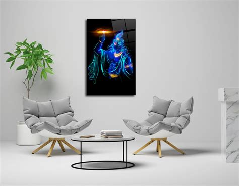 Lord Krishna in Blue with Sudarshana Chakra Glass Wall Art - Divine Gr ...