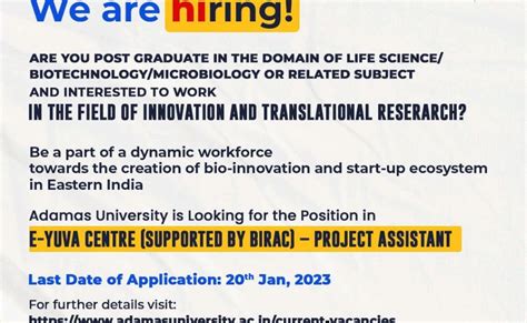 Life Sciences Project Vacancy @ E-YUVA Centre, Adamas University