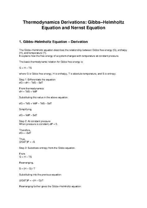 Thermodynamics Derivations: Gibbs, Helmholtz & Nernst Equations - Studocu