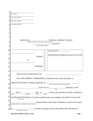 Montana Deposition Subpoena Duces Tecum - Blank Fillable Template ...