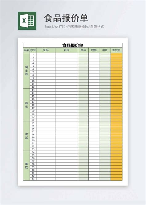 食品报价单Excel模板图片-正版模板下载400160686-摄图网
