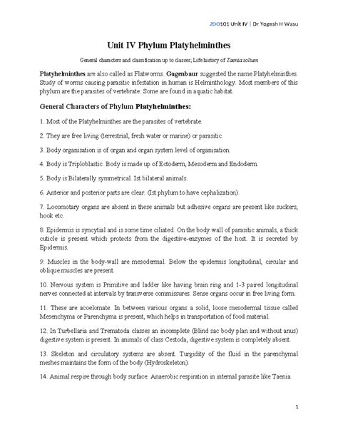 ZOO101 Unit IV: Phylum Platyhelminthes - Characteristics & Taenia solium Life - Studocu