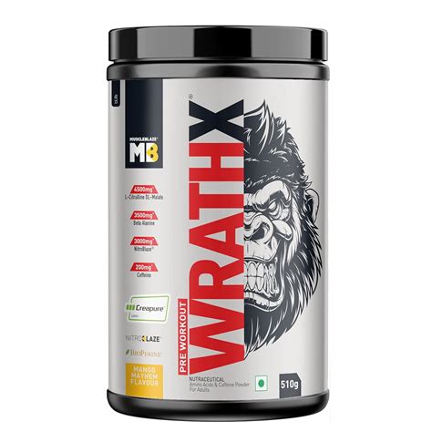 MuscleBlaze Pre Workout WrathX Powder, Mango Mayhem (30 Servings, 510g ...
