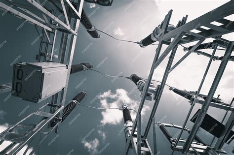 Construction of a power transmission substation on a background of grey ...