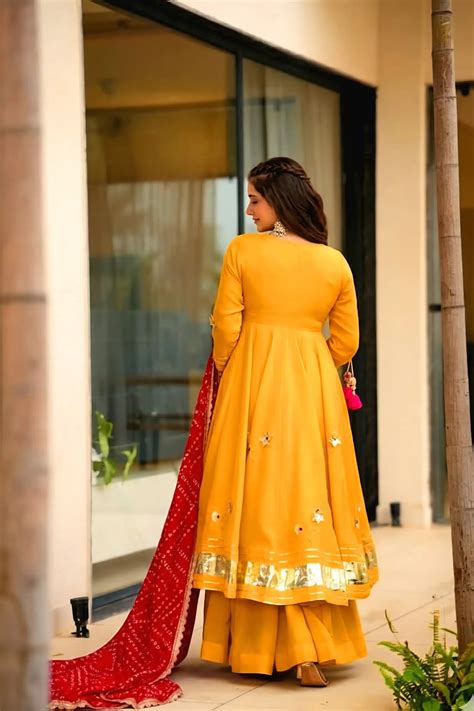 Handcrafted Chinon Anarkali Palazzo Set with Bandhani Dupatta | Hansh ...